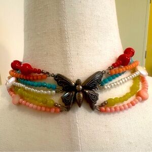 Vintage Silver Butterfly Clasp 6 Strand Beaded Necklace Choker Freshwater Pearl